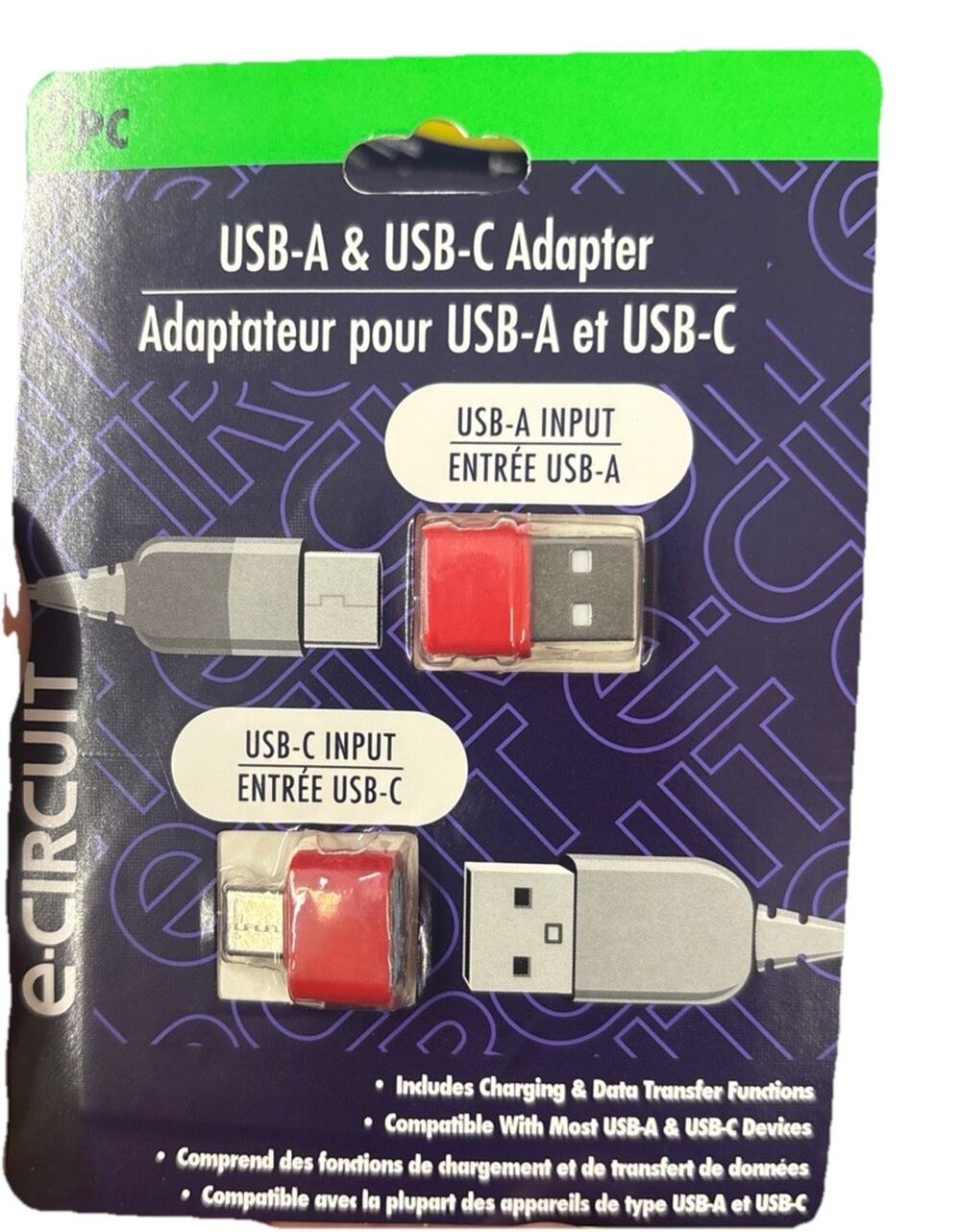 e-circuit USB-A & USB-C 1:1 Adapter Set, Charging & Data Transfer, 2pc